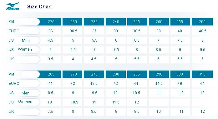 mizuno women's shoe size chart